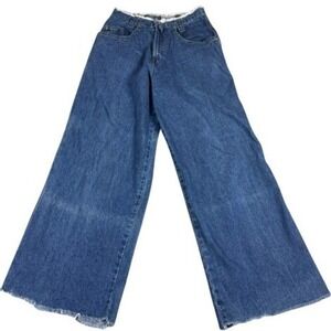 Skoozi Jeans Women 5A Wide Leg High Rise Blue Denim Raw Hem Frayed Waist USA